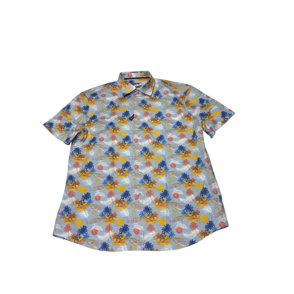 NWOT johnnie-O Hangin Out Men Blue Tropical Palm Tree Short Sleeve Button Down L